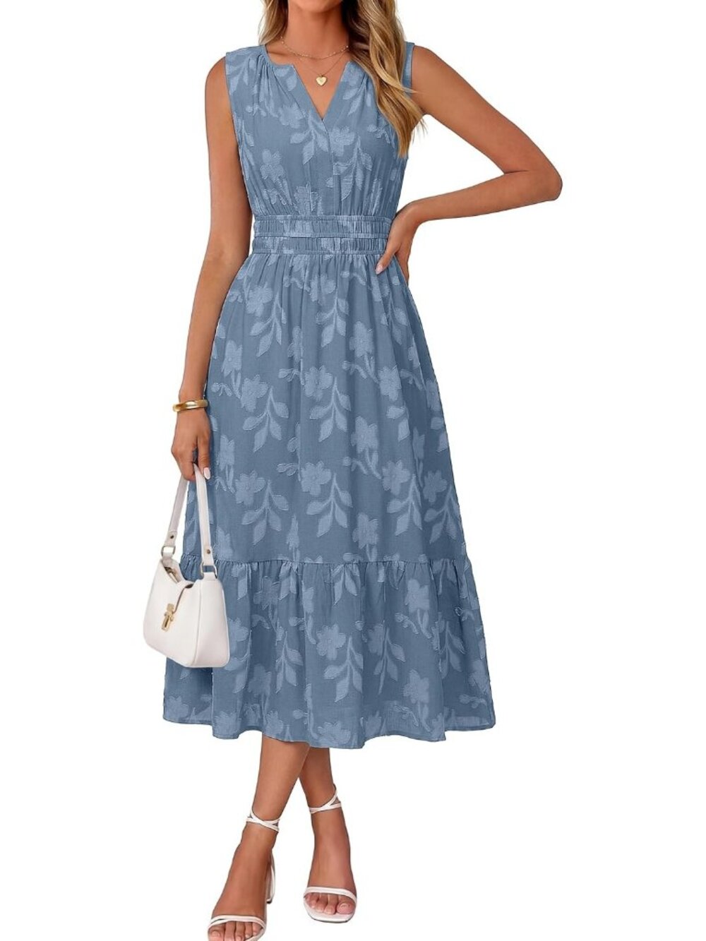 Women's Dusty Blue Sleeveless V Neck A LINE Floral Casual Imported Maxi Dress
